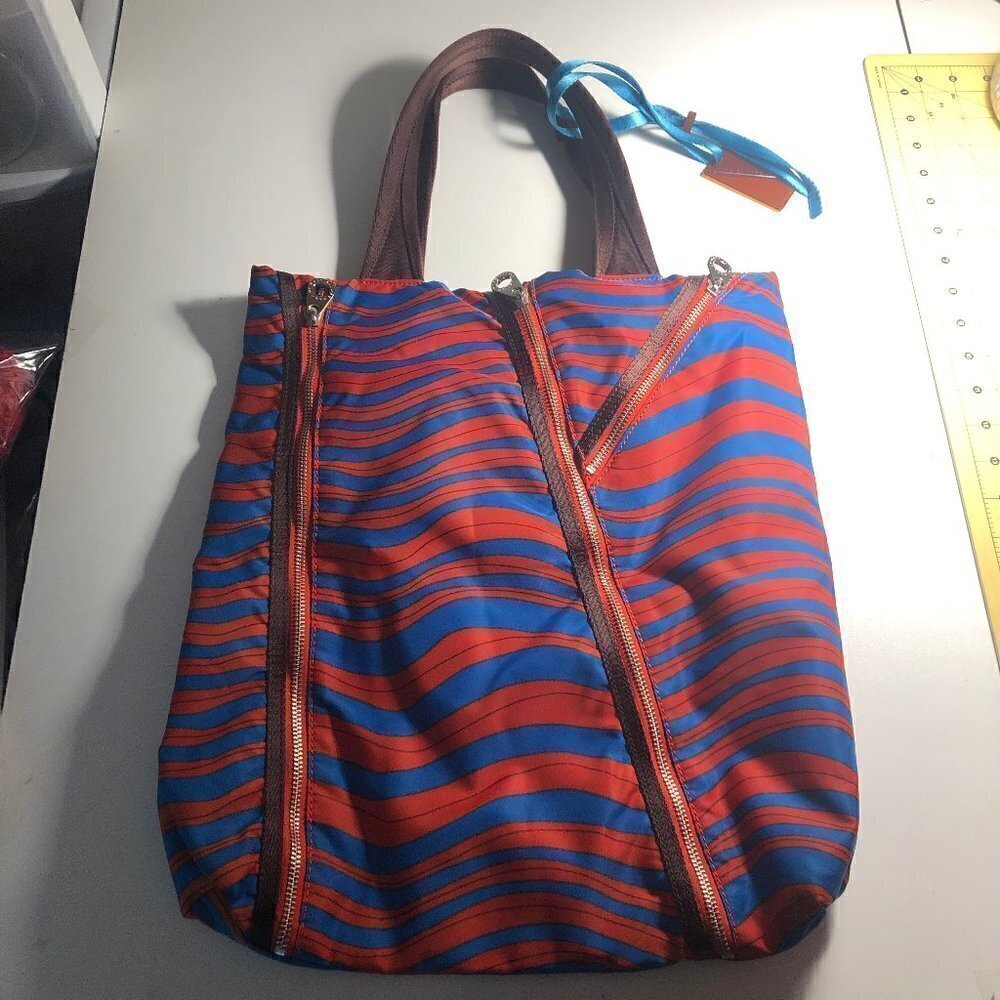 Marc By Marc Jacobs Striped Tote Shoulder Bag Blue Orange Zip Boho Designer 2614 - Picture 3 of 9